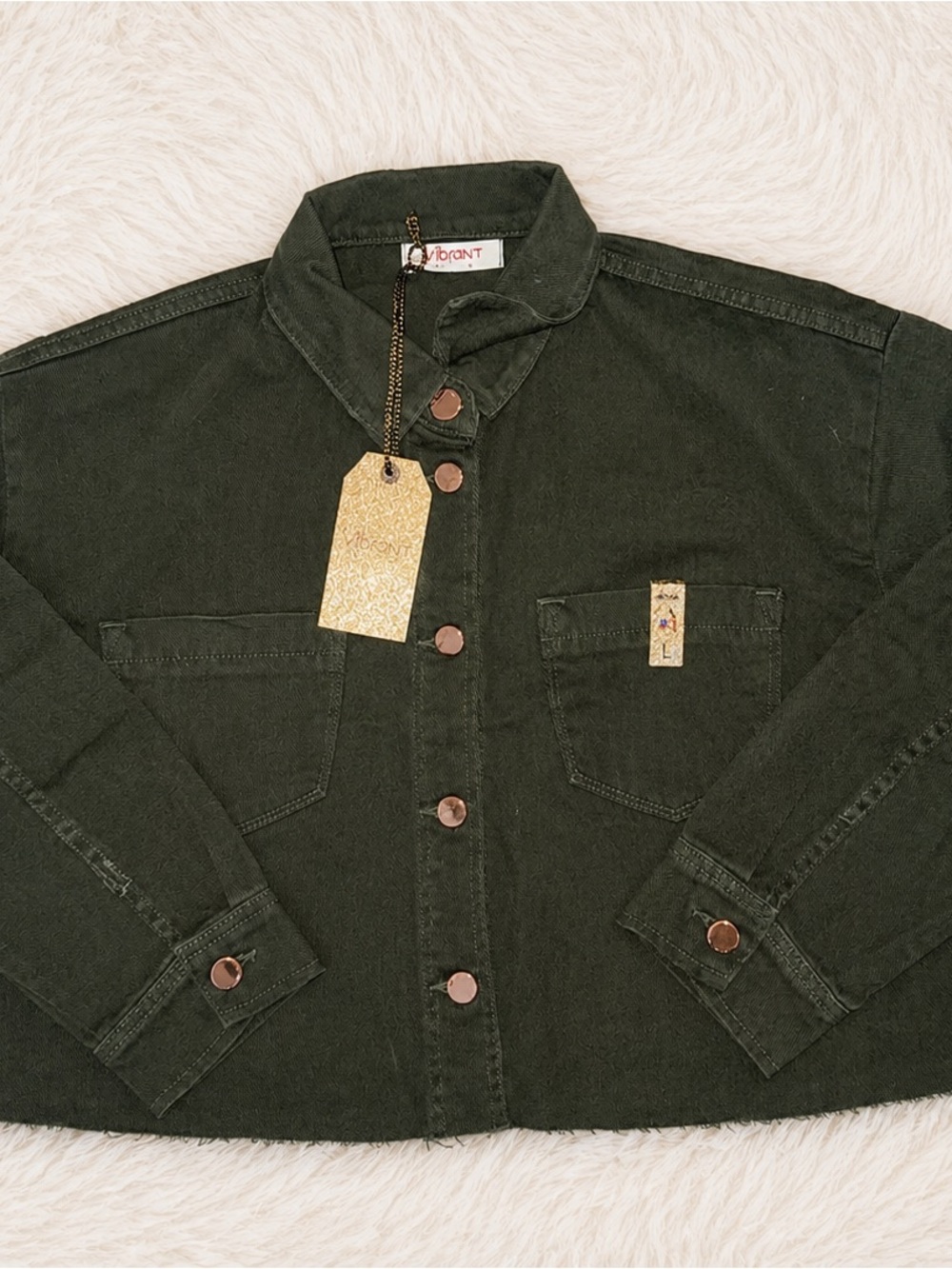Vibrant Women’s Cropped Utility Jacket Olive Green Button Front Size L